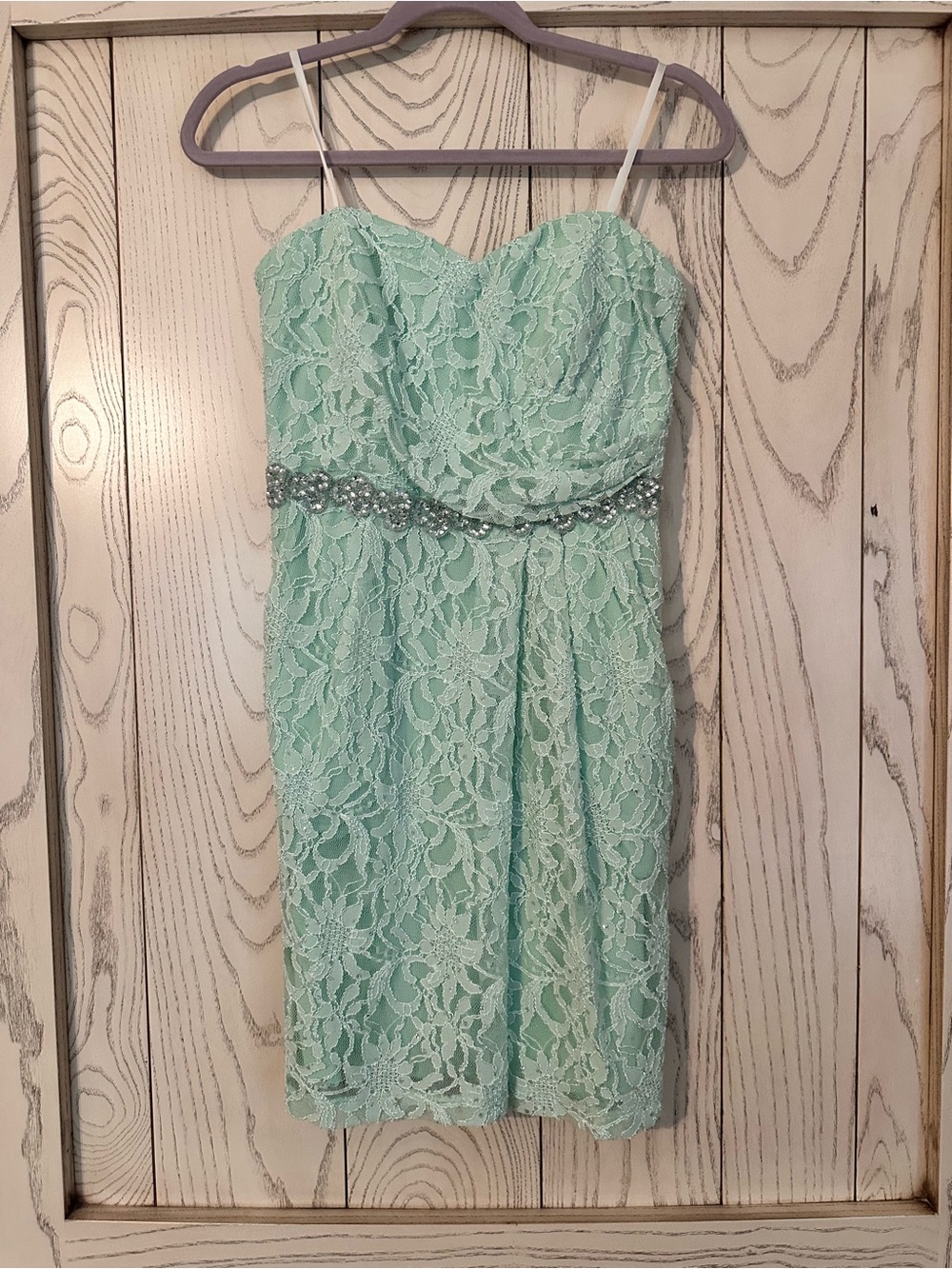 Strapless Mint Lace Mini Dress with Beaded Waist